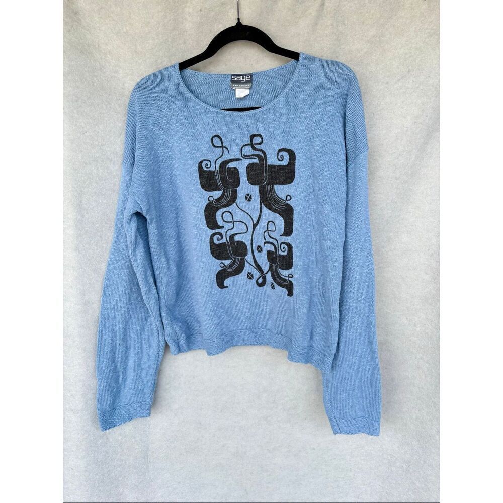 Vtg Sage Knitwear Blue 100% Cotton Sweater Made in USA Artsy Funky Casual